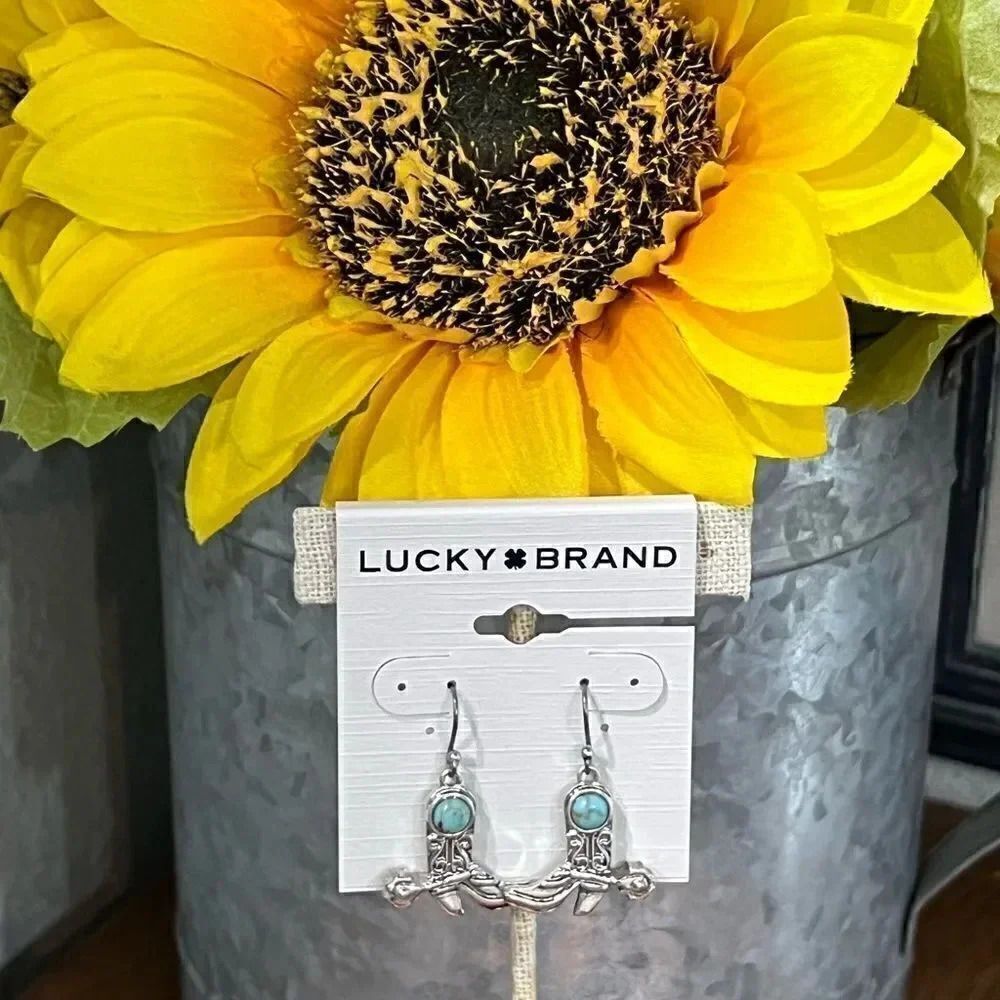 NWT Lucky Brand Silver & Turquoise Cowboy Boot Drop Earrings #LBER2
